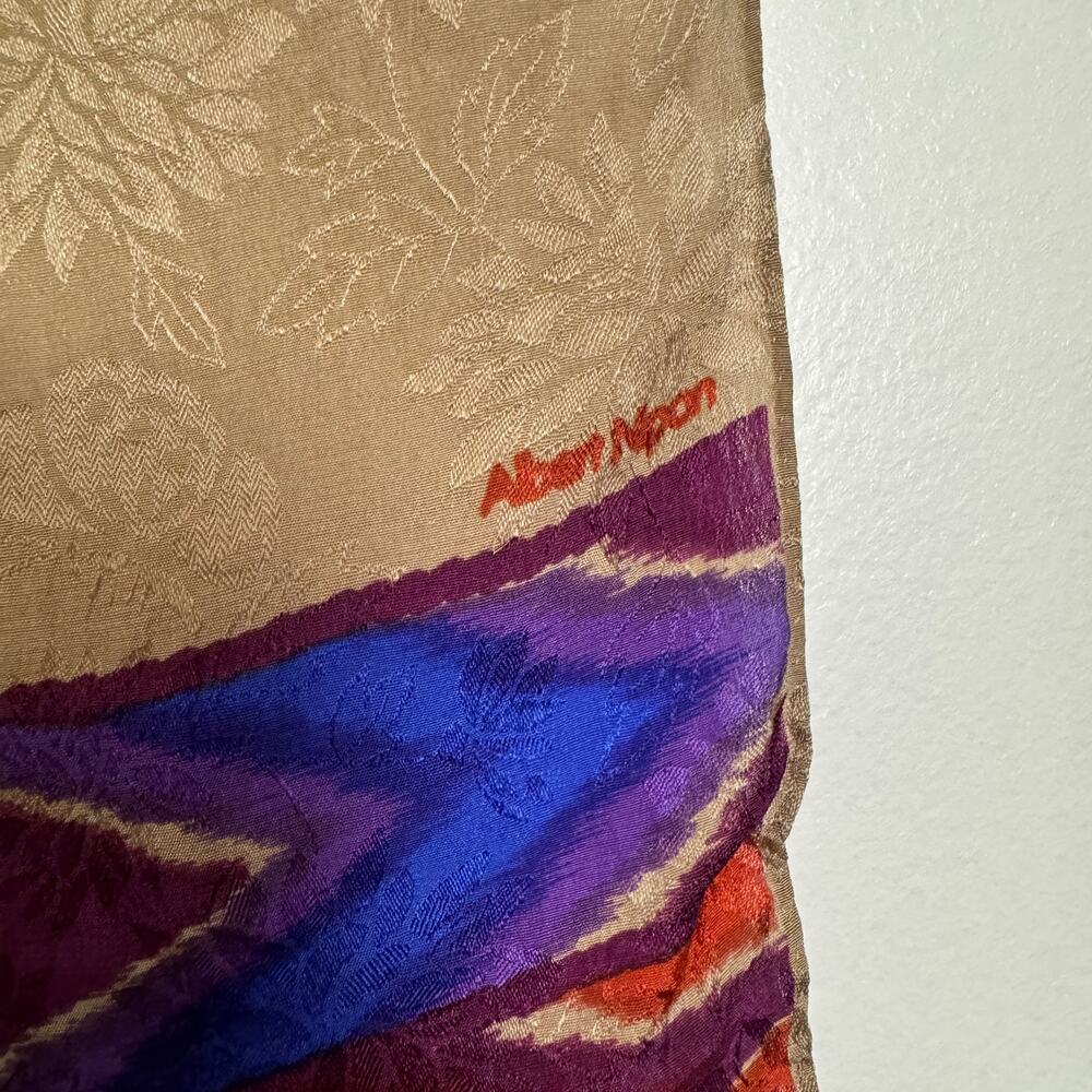 Vtg Albert Nipon Silk Scarf 10x52 Women Gold & Purple & Red Tribal Western Sheer - Picture 2 of 6